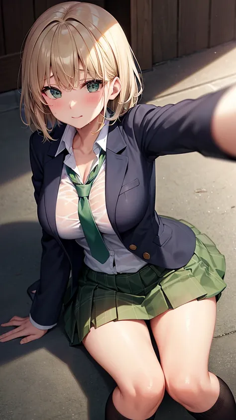 ｛wet blazer and dark green tie｝, transparent , Bondage , cute short haired high school girl wearing wet blazer and dark green tie, ｛｛｛all fours｝｝｝ , see through , ｛｛spread legs｝｝,  plaid pleated skirt ,Panty shot,｛｛｛ big breasts and erect nipples｝｝｝    ,  ...