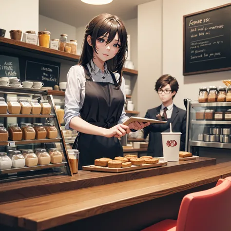 Coffee shop clerk,cute,Brown Hair, stylish,Anime Style 4k,Western shot,Stand in front, viewers