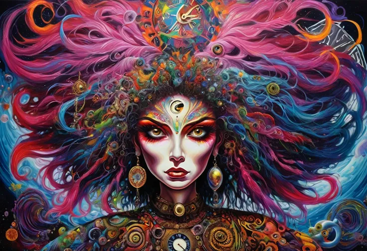  A very elaborate and elaborate painting by  {x} teeth、 depicts a woman with big hair and a watch, Alton Toby  , Reddit, Metaphysical painting,  Shamanism DMT Horror Art , Shamanistic horror LSD art,  Cosmic Horror Paintings , Neural Acrylic Paint, Psychic...