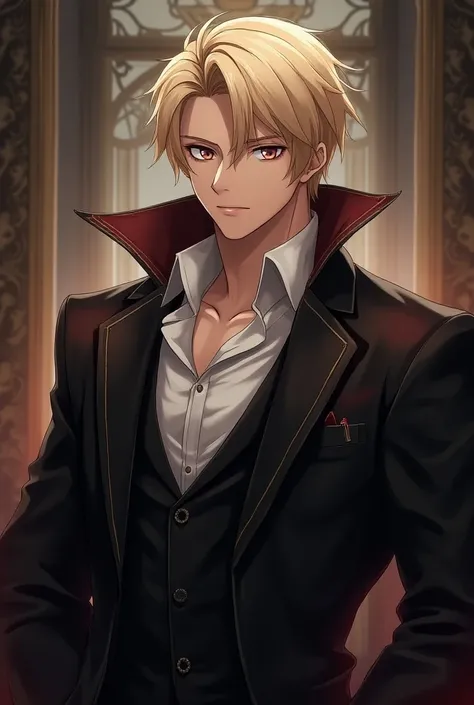  27-year-old male, with blonde hair,  short and side hair, shoulder width , strong, friendly, Sweet, Victorian style, vampire, anime