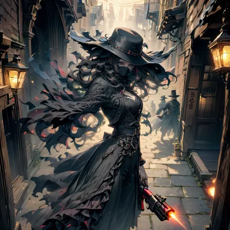  best quality, masterpiece,  super high definition , (Photo:1.4),  surrealism , Dreamy, Fusion Art, Shadow Dancer, Shadow Magic, Controlling Darkness, stealth, Shadow Step, Umbral Spells,Shrouded in shadow,Holding a gun,Shrouded in shadow,Holding a gun,Blo...