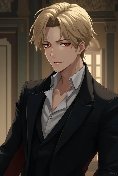  27-year-old male, with blonde hair,  short and side hair, shoulder width , strong, friendly, Sweet, Victorian white style, vampire, anime