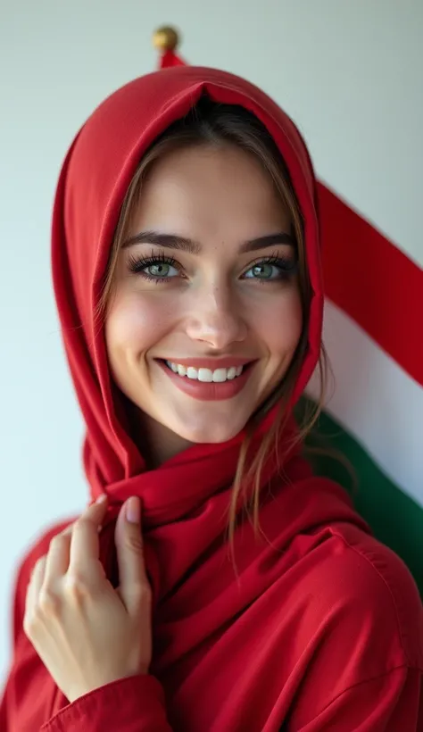 beautiful detailed eyes, beautiful detailed lips, extremely detailed eyes and face, long eyelashes, 1girl, hijab, holding flag, full body, white studio background, happy, smiling, (best quality,4k,8k,highres,masterpiece:1.2),ultra-detailed,(realistic,photo...