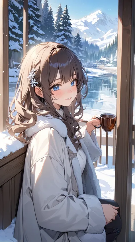 One Girl、 gentle expression、Sparkling Eyes、 Long Wavy Hair 、 Warm Winter Coat 、A soft smile、Small breasts、 Having a Cup of Warm Tea、  
break、  
Snow Scene、（Soft sunlight:1.2）、Cold shades、Gentle Shadows、 quiet atmosphere、winter magic、 Comfortable Feeling 、 ...