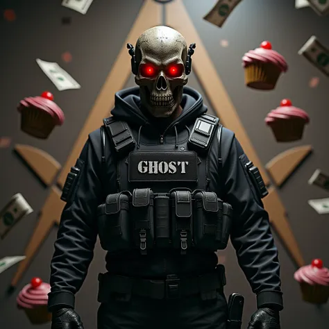 Call of Dity guest wearing a , with a ,  bulletproof vest, the ghost team inscription on the bulletproof vest and a masked skull helmet with red eyes stands against the background of Masonic symbols, money and cupcakes are flying around 