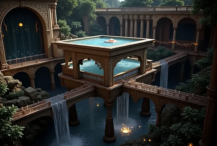 In the soft, ethereal glow of the moonlight, an ancient South Indian bathhouse reveals its grandeur, nestled deep within the heart of a massive palace. This multi-layered bathhouse, inspired by the architecture of ancient Indian stepwells, is a marvel of i...