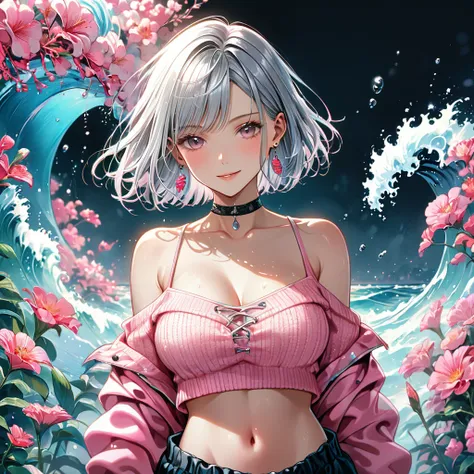 a beautiful girl,(shiny silver hair), (wave bob cut:1.2),(large breasts, athlete, long eyelashes), break (pink theme:1.4), (vivi...