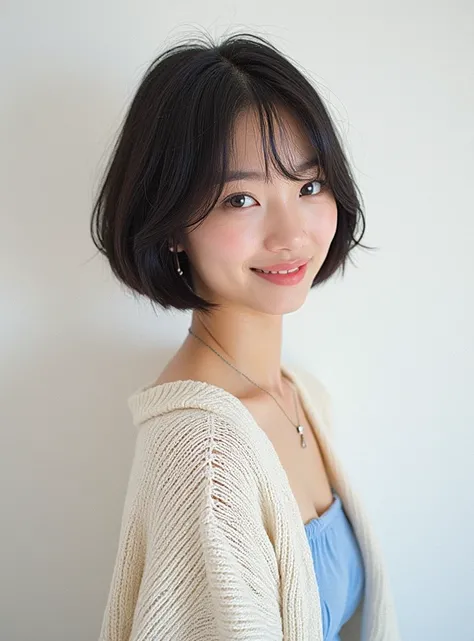 (Best Quality、8k、32K、 Masterpiece、UHD:1.2)、 Japanese woman in casual clothes from Tokyo、((The face is well-proportioned))、(Picture used for the )、((Looking at the camera))、smile、Salon model、20 years old、( straight、 short hair) (Black Hair)、((white)Backgrou...