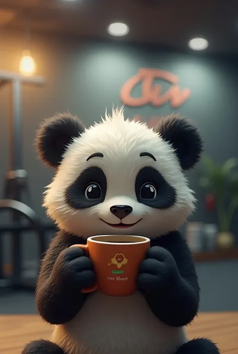 Cuteis  panda dringking coffee with logo of bars in the gym

