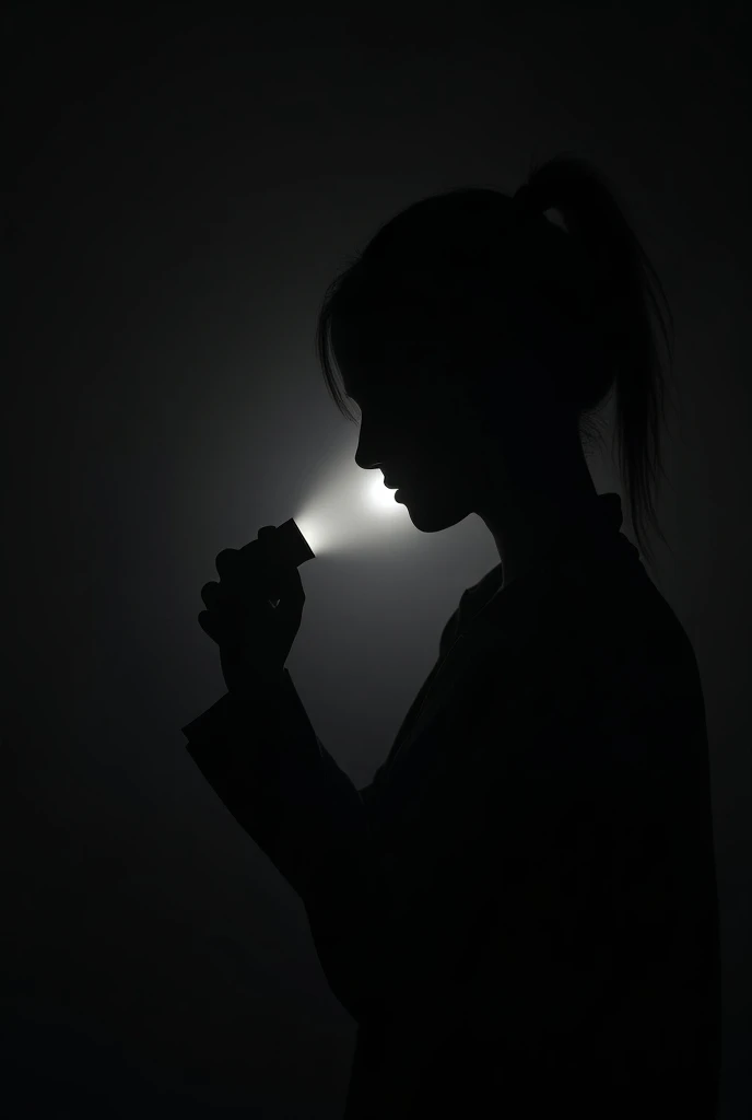 Silhouette of the head of a woman with a flashlight next to her head in a dark room 