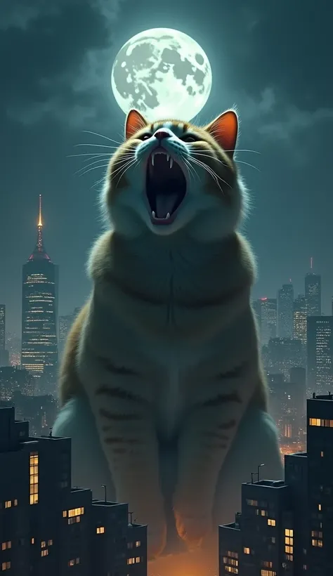 Create a surreal night scene featuring a giant cat standing among skyscrapers in a city skyline. The cat should be yawning, with its mouth wide open, as if towering over the buildings. The background should feature a dark, moody sky with a full moon positi...