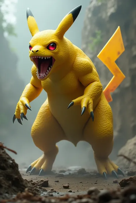 "Create a massive, terrifying hybrid fusion of Pikachu and a raptor. The creature should have the imposing, muscular body of a raptor, towering over its surroundings, while featuring Pikachus bright yellow fur, and large ears. Amplify its monstrous qualiti...