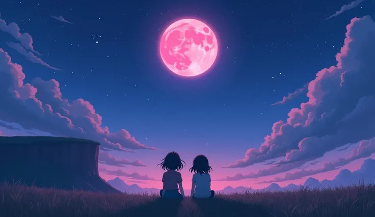  Large landscape photo ，Looking from the bottom up， Above is sky ， Heres an open area 。 Couple of students sitting on the prairie ， Dark hair ，wind swept hair。masterpiece， Starry sky pink moon at night ， The couple is watching the moon intently，focus。Zoom ...