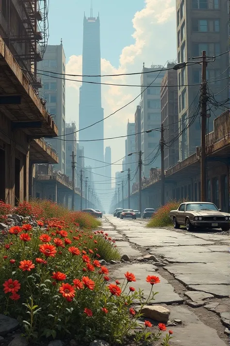  A painting of an apocalyptic landscape of a city destroyed and abandoned after a war, with collapsed buildings and broken cars .  In the foreground some striking flowers that break the asphalt  