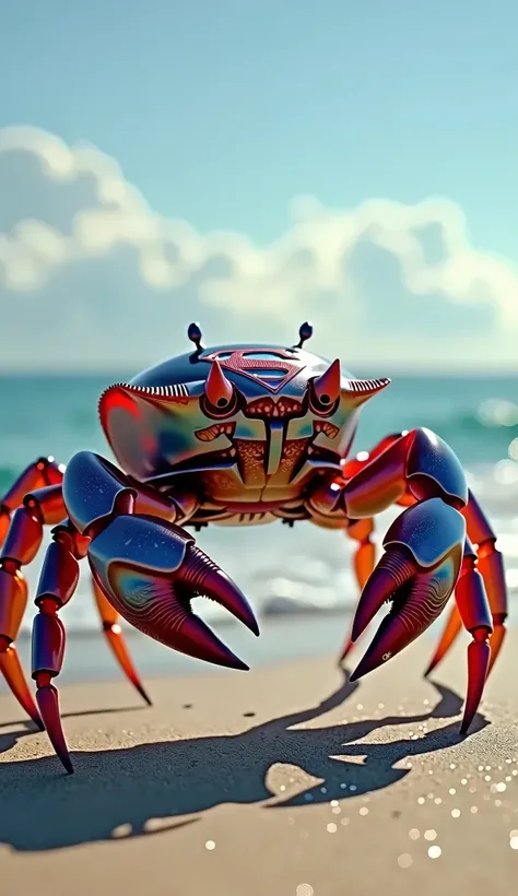 A realistic crab with the iconic Superman colors—blue and red—integrated into its shell and limbs. The crabs body is detailed, with the S symbol engraved on its back, and its eyes glow with a faint, heroic determination. The crab has a muscular structure a...