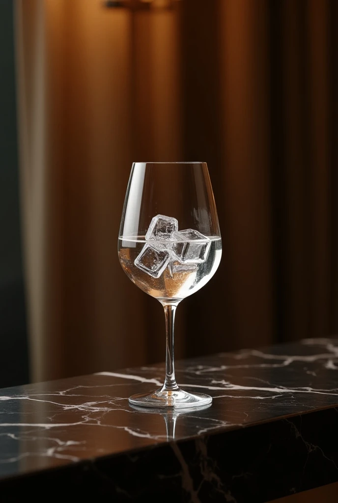 "A luxurious clear small wine glass placed abit left on a long, glossy black marble table. The glass contains water and three or four square ice cubes. The background is blurred with a golden glow from hotel lights and shimmering golden sparkles, contrasti...