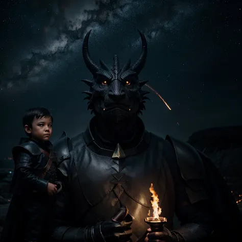  Dark background , starry sky above ,  a dark Dragon coming out of the dark ,  dragon is staring at a small man in front of you, The man wears imperial armor and holds a torch.