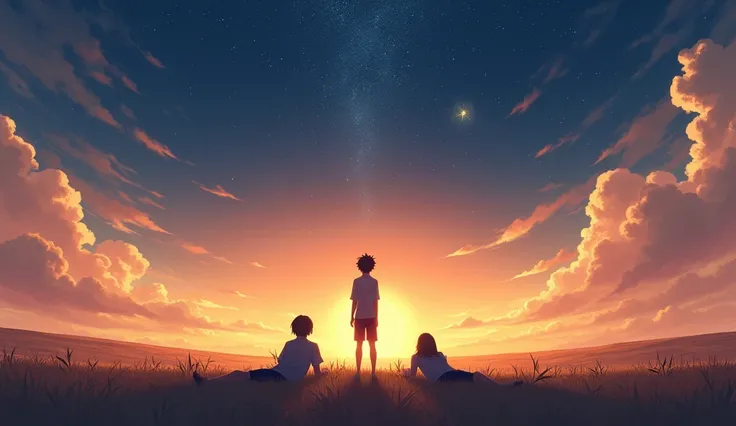  Large landscape photo ，Looking from the bottom up， Above is sky ， Heres an open area 。Two people sitting on their backs  ,   looking at the starry sky at the sunset. 
。
Generate image, Anime style, were inspired by the song "" IU and Suga 。
 The protagoni...