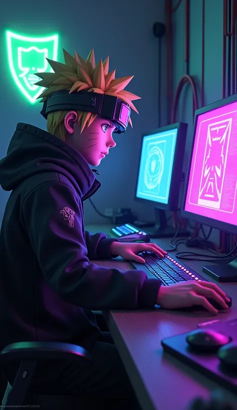 ((best quality)), ((masterpiece)), (highly detailed: 1.3), 3d, Neon black ,  Naruto Uzumaki cyberpunk , man, Blonde hair,  blue eyes (mit dem Head-Mounted-Display,  that is thick and high-tech : 1.2),  with a cover ,   when hacking a computer terminal ,  P...