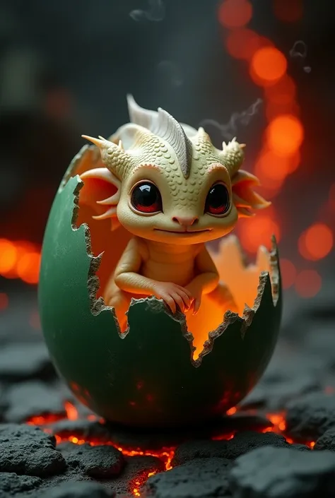 A mystical baby dragon hatching from a cracked green marble egg, streaked with glowing red lava veins. The dragon has soft beige color with a smooth, velvety long fur covering its body, and a small, adorable grey beard under its chin. Its red eyes gleam wi...