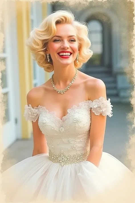 Watercolor、 old paper texture、Damaged Paper、Old style、Faded colors。 Marilyn Monroe wears a pure white wedding dress at her wedding、 is a scene showing a radiant smile with a gentle touch of watercolor 。 in a close-up focusing on her upper body 、 where the ...