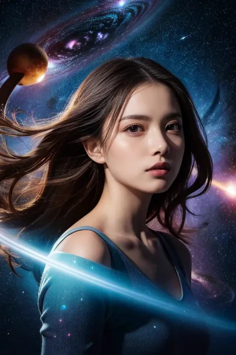 high quality,  best quality, masterpiece, Detailed portrait of a woman 1 girl, Long Hair, (floating, space, galaxy, colorful),  Warm Lighting , goddess, galaxy, scenery, Colorful hairy corolla, {{{ best quality}}}, {{Super detailed}}, {figure},  cinematic ...