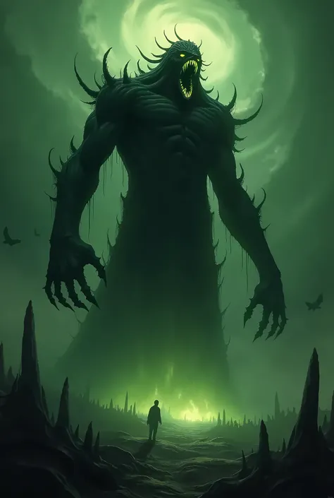 Witness the Wraithwretched, a titanic abomination that towers over a nightmarish landscape. Its body is a grotesque fusion of shadow and decaying flesh, with pulsating veins that throb with a sickly green glow. A multitude of glowing, soulless eyes cover i...