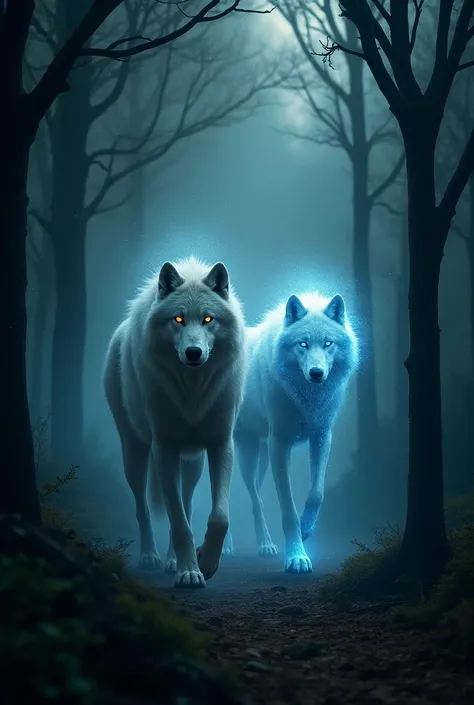 Images of wolves  ,with eyes of fire ,walking through the dark forest , soon arrive at a place where they transform into white light wolves with blue eyes 