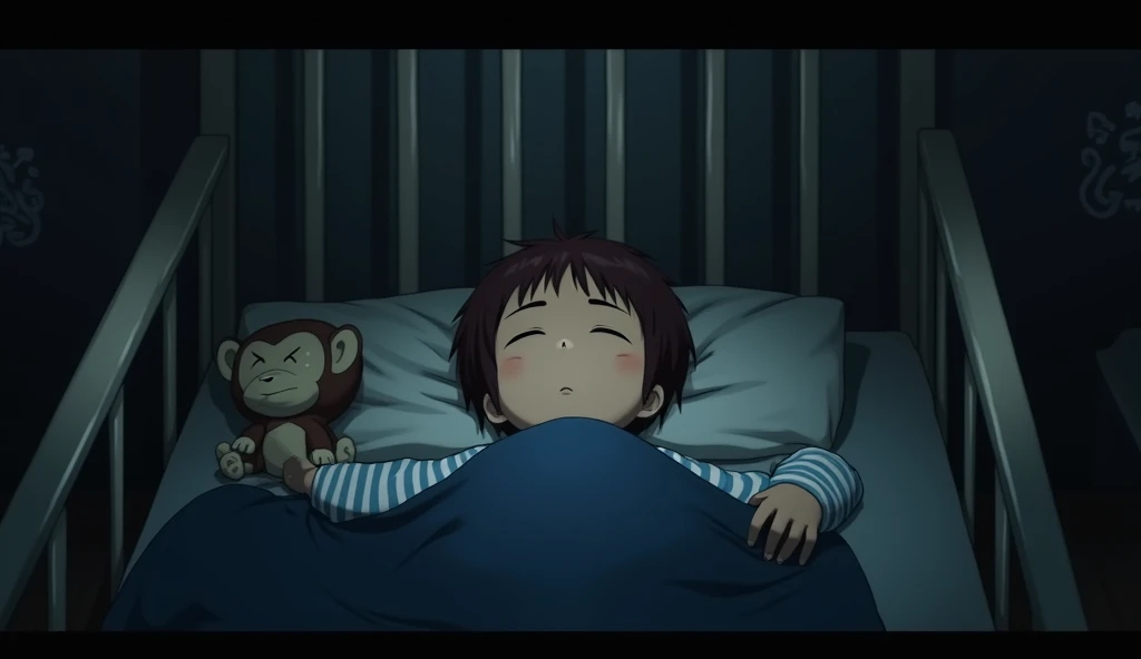 A young boy is peacefully sleeping in his crib, surrounded by shadows in a dimly lit room. The boy has short, dark brown hair with a hint of reddish tint and a serene expression on his face. He is wearing a light blue and white striped pajama set, with one...