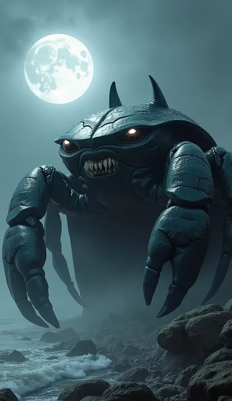 A large, intimidating crab designed to resemble Batman, with a dark black and gray exoskeleton that mimics the texture of Batman’s suit. The crab’s body features the iconic bat symbol etched into its shell, and its eyes glow with a menacing, vigilant stare...