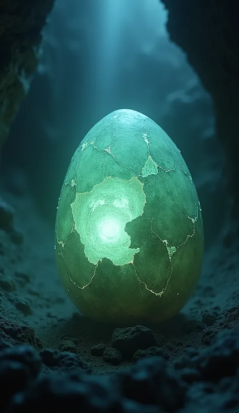 The egg starts to crack, glowing even brighter. Small fractures spread across its surface as an eerie mist begins to escape from inside, filling the cave with a chilling glow."