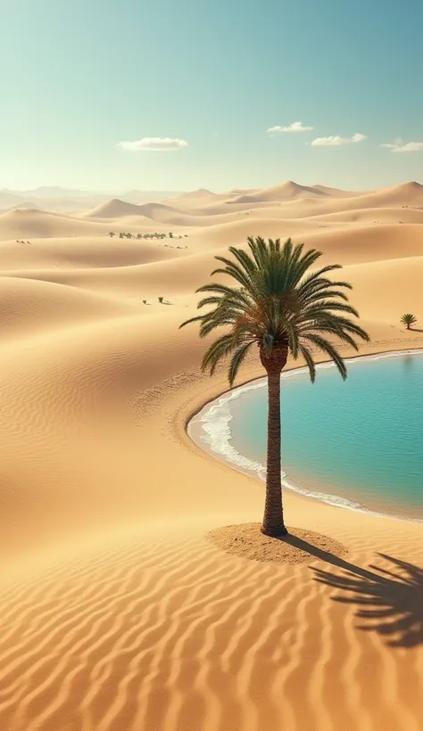 Desert, sand pattern, one palm tree, clear blue water source, heat haze art