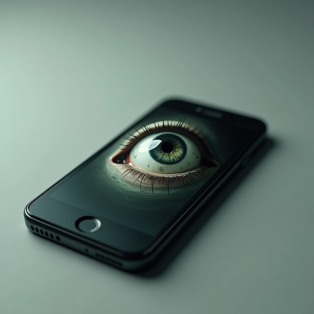 Image of a cell phone with an eyeball on the screen observing paranoid style 