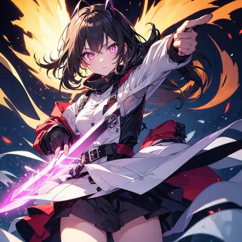 Energetic phonk 1girl glowing eyes holding a sword while pointing up
