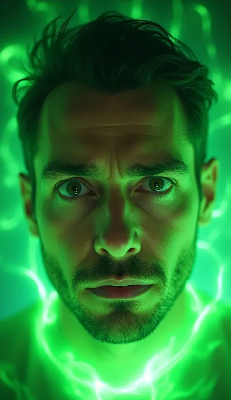 A close-up of the man’s face, looking surprised and concerned, with bright green energy radiating around him, symbolizing awareness of a health issue like vitamin D deficiency