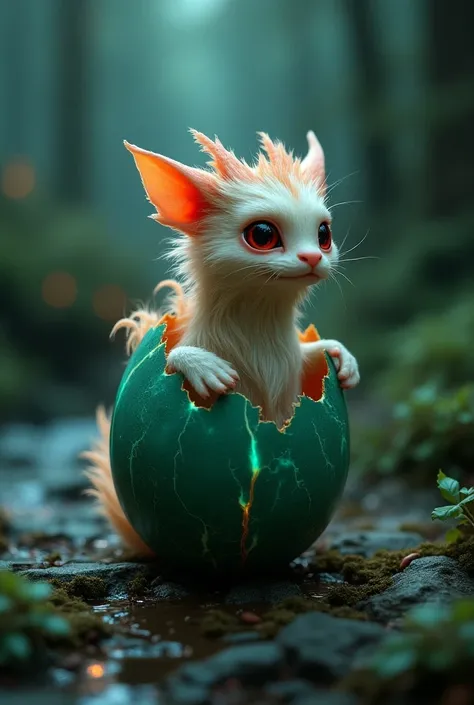 A mystical baby dragon hatching from a cracked green marble egg, streaked with glowing water blue veins. The dragon has long, soft fur like that of a cat, covering its beige scales, with a gentle, flowing texture. Its fur is particularly lush around its ne...