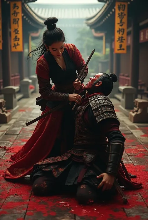 Hight quality, realistic, very beautiful woman shogun, cut throat a male, bloody splashed, male mask, male hoodies, woman knife, male die, Japanese, kingdom Japanese