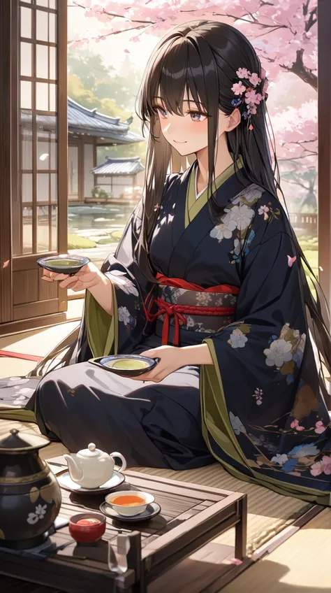 One Girl、Gentle smile、Soft Eyes、Long Hair、 traditional kimono in front of cherry blossoms 、 Relaxed Posture 、Small breasts、 Holding Tea in Your Hand、  
break、  
Twilight Light、（ Soft Highlights :1.3）、Warm shades、 quiet atmosphere、Dreamlike space、Elegant fe...