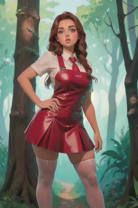 Cute teen curvy  beautiful schoolgirl , beautiful cute teen face, curvy figure, red leather skater pinafore dress , transparent white blouse , red tie, brunette long hair, beautiful eyes, Sneackers, pioneer schoolgirl - standing in the forest , photorealis...