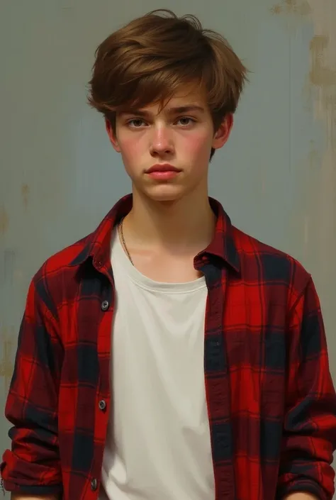 ((Henry Raeburn_style_art)) featuring (((15yo_guy ((full Colin Ford (stock: pinterest) )), upper body Portrait))) groung style  T-shirt, red plaid shirt, 