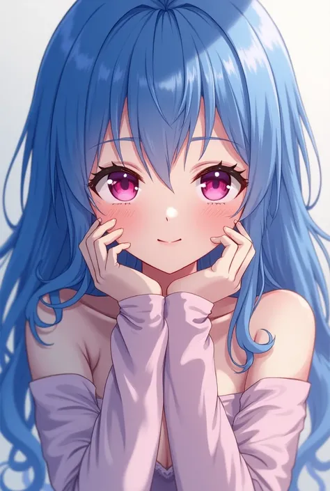  1 girl, Long hair, shill, Blue hair, Pink eyes, smile,  big breasts, Blushing,  Cowboy Camera Angle, Anime, Look at the audience, 