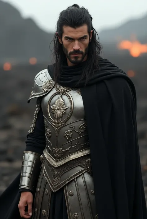 A man, very handsome, very tall, very pale skin, athletic, orange eyes, long black hair, very short beard, decorated silver ancient Greek armor, long black cape, dynamic pose, stern expression, complex fantasy character, in a volcanic plain, cinematic ligh...