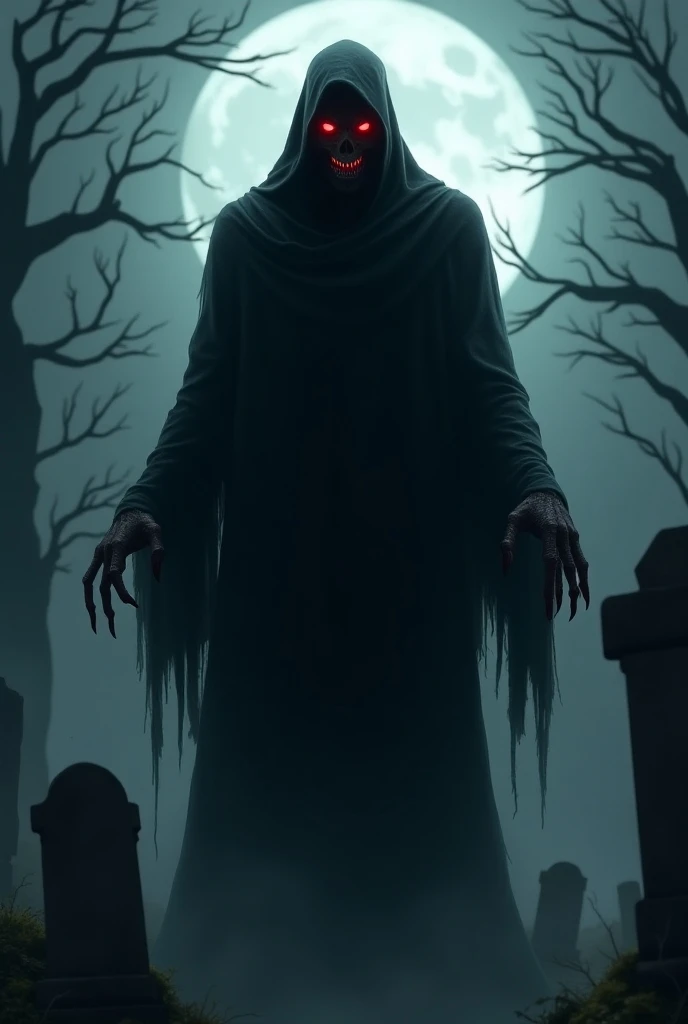 Create an extremely eerie character for Halloween: a shadowy figure cloaked in tattered black robes, with glowing red eyes that pierce the darkness. The character has long, bony fingers with sharp, elongated nails and a sinister grin revealing jagged teeth...