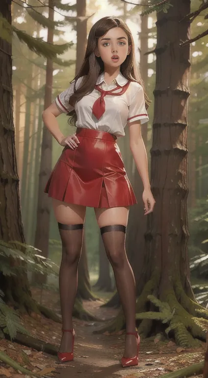 cute young beautiful schoolgirl,  beautiful cute teen face , red leather safari dress ,  transparent white blouse , brunette lon...