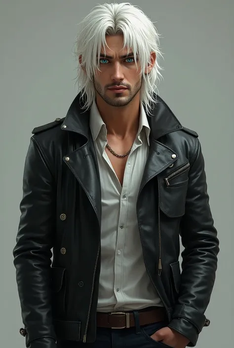 An average boy (1,74) brunette skin, long wavy white hair, blue colored eyes, a light goatee, Healthy body (not fit or muscular), he was apparently 30 to 35 years old, He looks mature but kind ((semi realistic style))((concept art))((whole body))((fully bo...