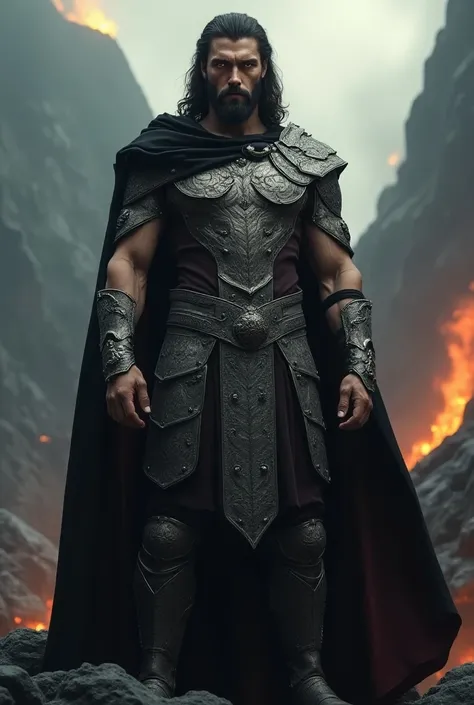 A man, very handsome, very tall, very pale skin, athletic, orange eyes, long black hair, very short beard, decorated silver ancient Greek armor, long black cape, dynamic pose, stern expression, complex fantasy character, in a volcanic plain, cinematic ligh...