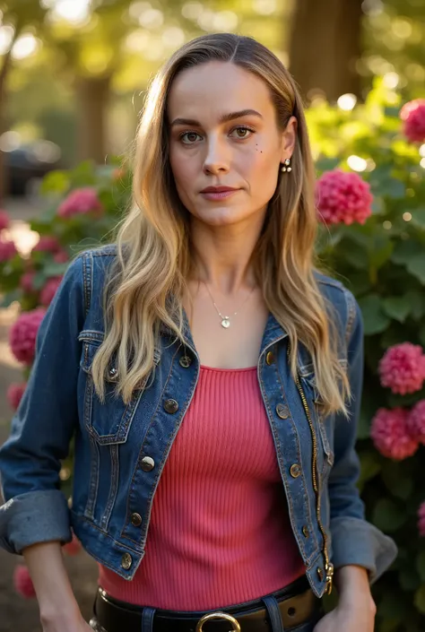 Foreground: Brie Larson, wavy blonde hair in the wind. shes a men magazine model, She has a subtle smile and flirts with the camera, (she wears crop denim moto jacket, casual ribbed tanktop and leather pants with big belt:1.2), background posing in Paris, ...