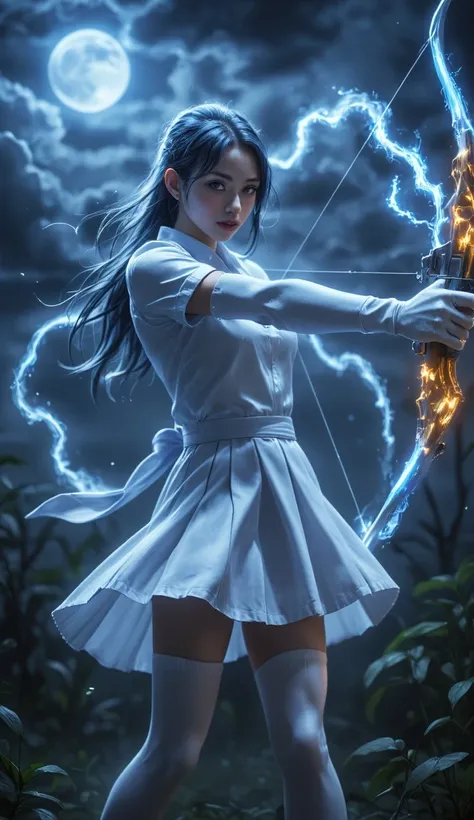 nighttime，Blue-gray long-haired girl， white short-sleeved schoolgirl ，  white pleated skirt ，White gloves，  White Stockings， holding a large magic bow ，Gunslinger 