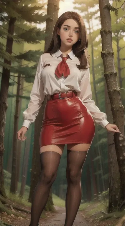 cute young beautiful schoolgirl, beautiful cute teen face , red leather safari dress , transparent white blouse , brunette long ...