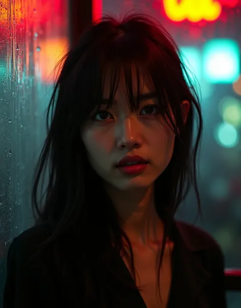 Professional Photography, Wong Kar-wai movie lighting style,  charming sad Oriental beauty， long messy straight hair ,  sitting in the corner of a restaurant ，There are raindrops on the windows, 80s Hong Kong  , Neon，Bokeh，close up， high resolution, Realis...